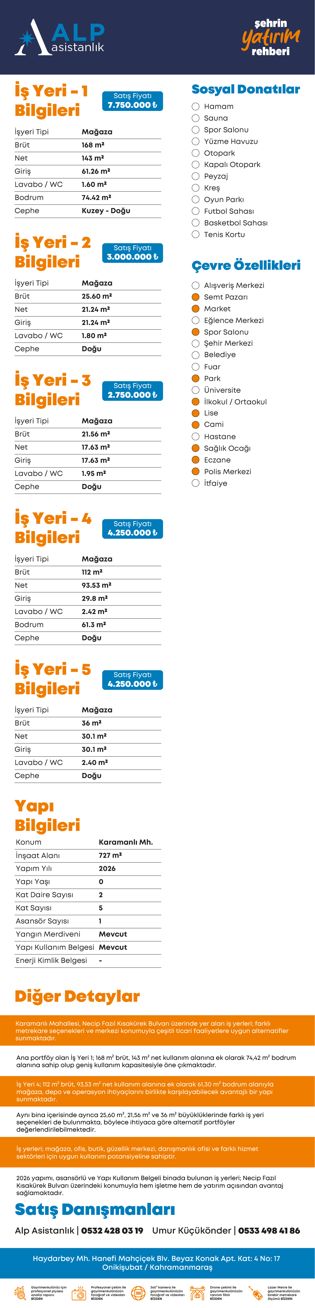 ALP ASİSTANLIK'TAN SERİNTEPE KARAKOLU CİVARI SATILIK İŞ YERLERİ bilgi görseli