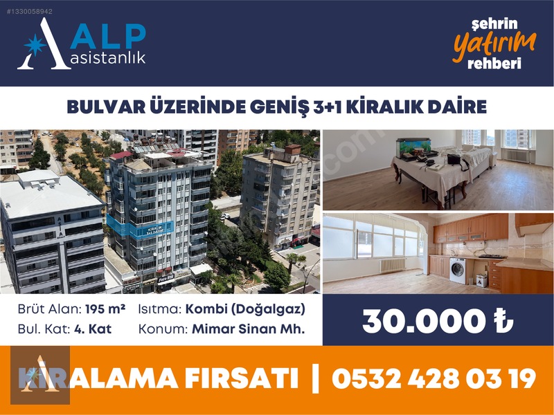 ALP ASİSTANLIK'TAN BULVAR ÜZERİNDE GENİŞ 3+1 KİRALIK DAİRE - 2. küçük görsel