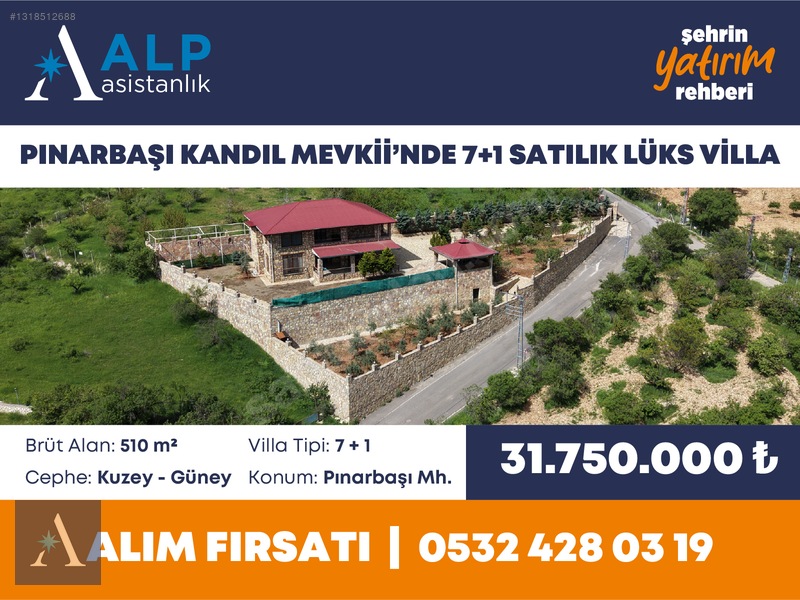 ALP ASİSTANLIK'TAN PINARBAŞI KANDIL MEVKİİ'NDE 7+1 SATILIK VİLLA - 2. küçük görsel